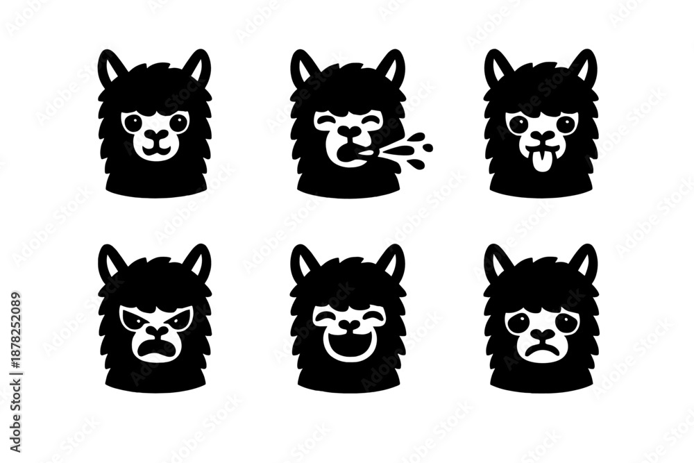 Fototapeta premium Black silhouette of funny llama heads showing different emotions including spitting