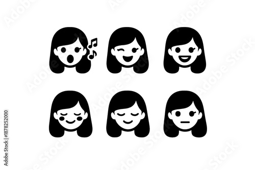 Six different black and white icons showing various facial expressions of a young woman