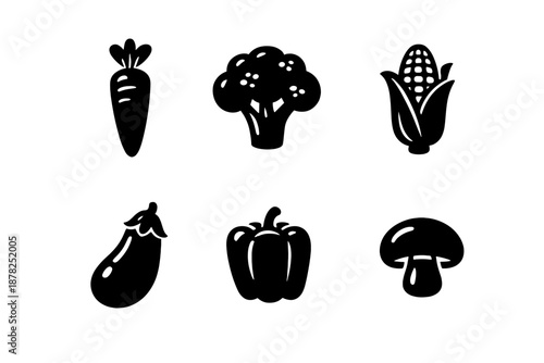 Simple black and white vegetable and fungi set featuring carrot broccoli corn eggplant pepper and mushroom