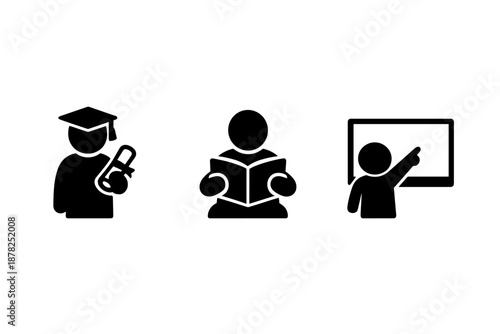 Solid black symbols representing education, learning, graduation, reading, and teaching concepts