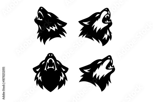 Four howling wolf head silhouettes in black and white for logo or emblem design