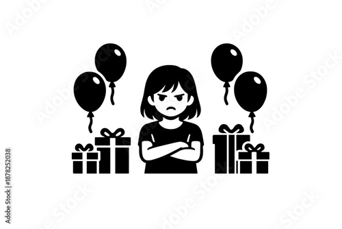 Disappointed child standing between stacks of wrapped gifts and party balloons