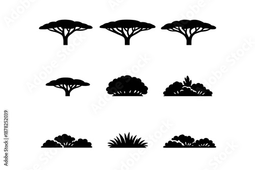 Diverse natural plant silhouettes including acacia trees, bushes, and grass elements