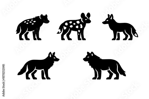 Stylized black silhouettes of wild canine species including wolves, hyenas, and African wild dogs