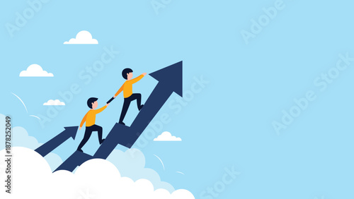 Business teamwork concept showing two people helping each other climb up a large rising arrow graph toward a successful future.