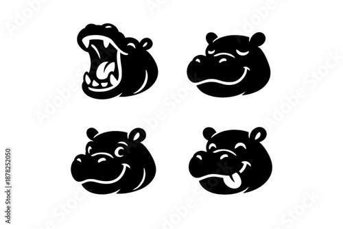Set of four black hippopotamus heads displaying various facial expressions for mascot design
