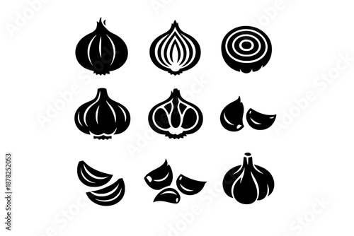 Various black glyphs and symbols representing whole and cut garlic and onion vegetables