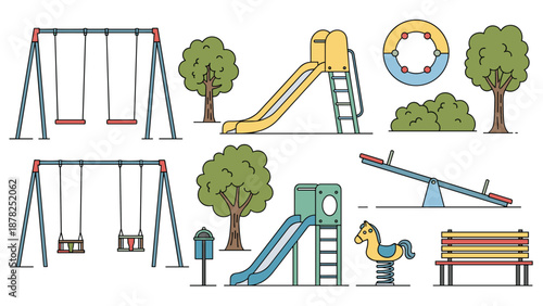 Colorful collection of playground equipment icons including swings, slides, a seesaw, and a spring rider for children's outdoor fun.