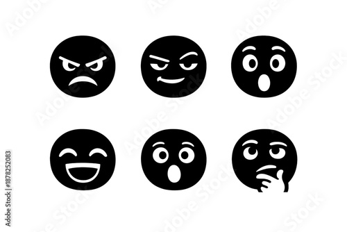 Six black emoticons showing diverse facial expressions: anger, joy, surprise