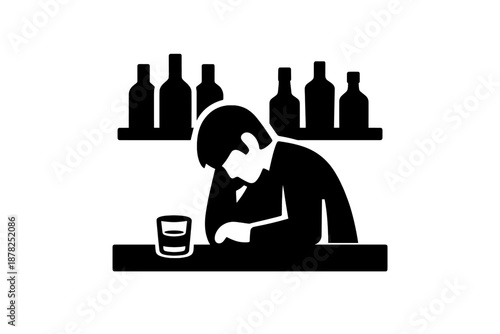 Lonely person sitting alone at a bar counter surrounded by liquor bottles