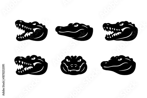 Set of six aggressive black crocodile or alligator head silhouettes