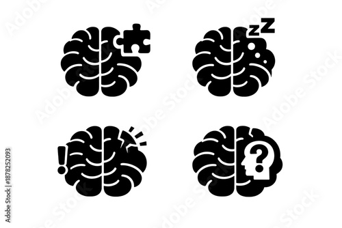 Human brain symbols depicting mental states, cognitive function, sleep, and problem solving concepts