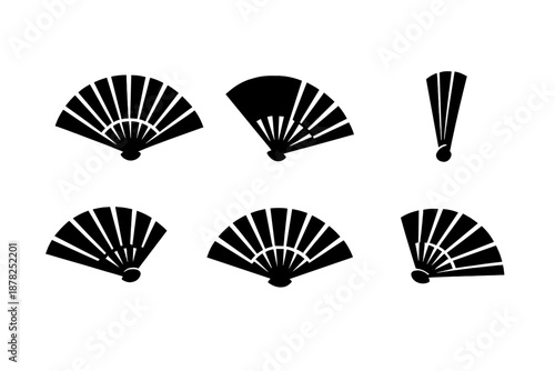 Traditional Asian folding hand fan silhouettes showing various open and closed states