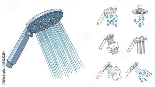 Detailed shower head illustration with multiple spray pattern options for bathroom fixtures and home improvement design projects.