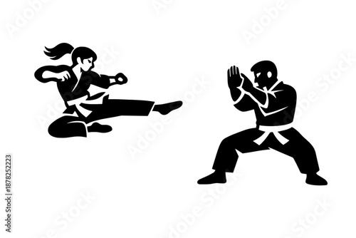 Female martial artist executes a powerful jumping kick against a male opponent