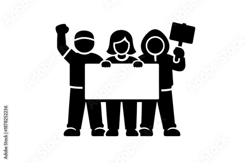 Activists holding blank protest sign and raising a fist during demonstration