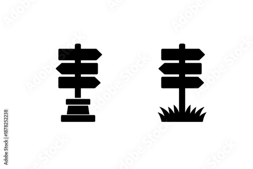 Black silhouette icons of directional signposts for navigation and decision making
