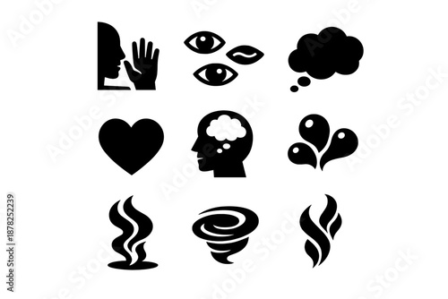 Abstract symbols representing human senses, feelings, intellect, and natural forces