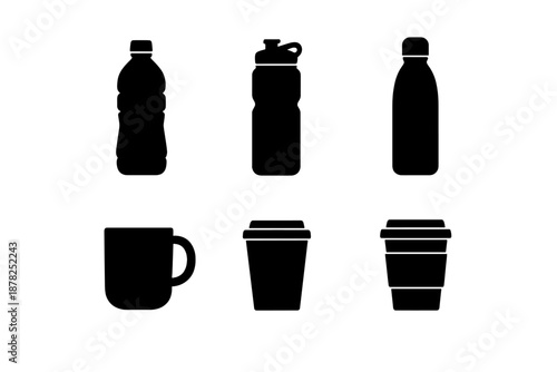 Various beverage containers silhouette icons including water bottles, reusable mugs, and coffee cups