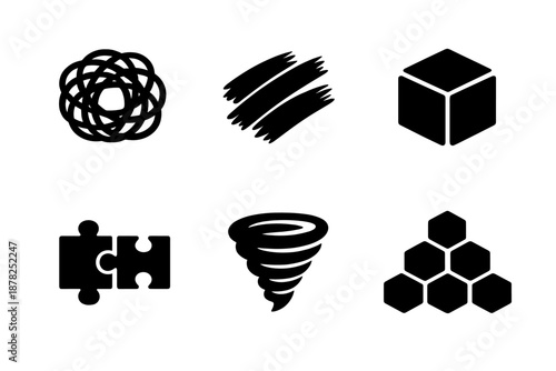 Abstract geometric and conceptual symbols: cube, puzzle pieces, knot, and tornado shape