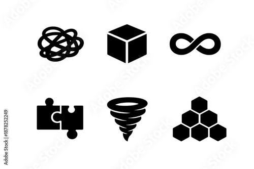 Abstract symbols collection: infinity sign, tangled knot, 3D cube, puzzle pieces, tornado, and honeycomb