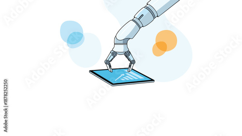 Advanced robotic arm using a mechanical claw to interact with a digital tablet displaying a rising business growth chart.