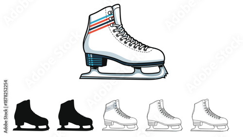 Professional white ice skate with colorful stripes shown alongside various black silhouettes and line art outlines for sports design.