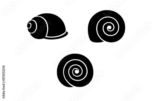Collection of three simple black glyphs depicting spiral mollusk shells