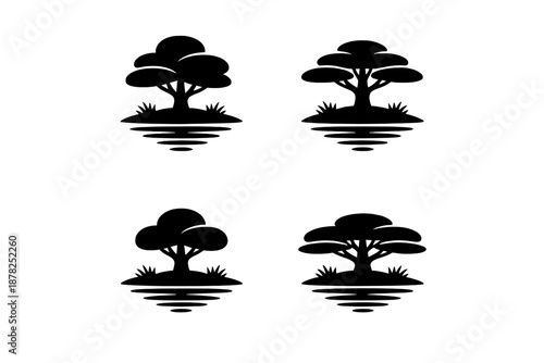 Four stylized black tree silhouettes standing on small islands with water reflections below