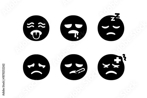 Monochrome emoticons showing sickness, fatigue, headache, fever, and nausea