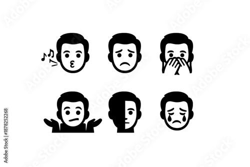 Six male face icons showing different emotions and expressions like sadness, confusion, and crying