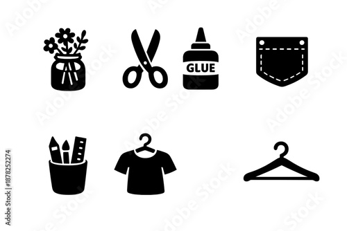 Collection of crafting and sewing supplies including scissors, glue, pocket, and clothing items