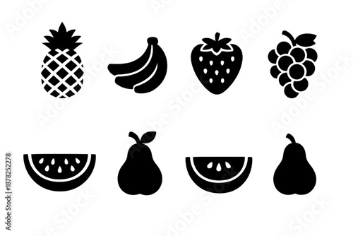 Black silhouette collection of tropical and common fruits: pineapple, banana, strawberry, grapes, watermelon, pear