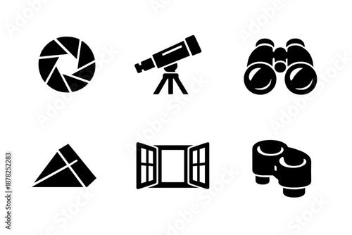 Set of optical viewing equipment glyphs: camera aperture, telescope, binoculars, prism, and open window