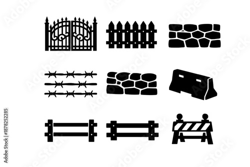 Black silhouette icons of security and boundary elements: ornate gate, picket fence, stone wall, and barbed wire
