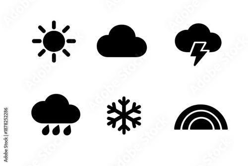 Basic weather forecast symbols set including sun, cloud, rain, lightning, snowflake, and rainbow