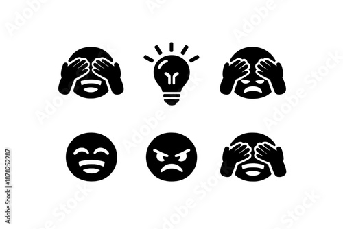 Black glyph icons set of emotional faces, covering eyes, anger, happiness, and bright idea symbol