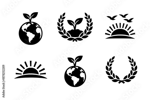 Monochromatic set of environmental symbols including Earth, growing plants, laurel wreaths, and sunrise icons