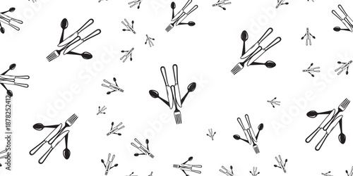 Seamless pattern of cutlery forks, spoons, and knives on a white background