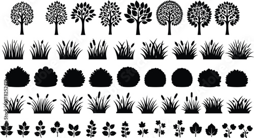 Garden plant silhouettes set, trees bushes grass flowers isolated on white background, nature landscape elements, black vector illustration