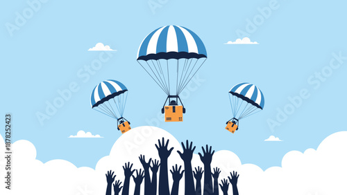 Humanitarian aid concept showing cardboard boxes being delivered by parachutes to a crowd of people reaching up for help.