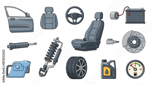 Comprehensive collection of automobile parts including an engine battery, tire, steering wheel, seats, suspension, and brake components.