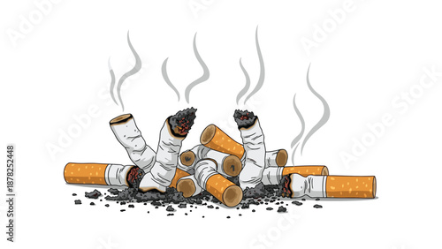 Realistic illustration of a pile of extinguished cigarette butts with wisps of smoke representing the negative impact of smoking.