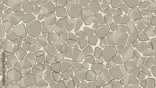 Seamless pattern of irregular grey cobblestones or wall stones creating a rustic and natural architectural texture for backgrounds.