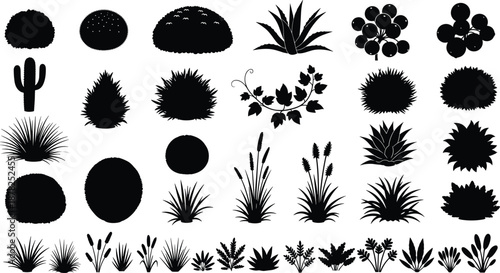 Garden plant silhouettes collection, bushes shrubs grass cactus floral elements, landscaping design icons set, nature vegetation illustration