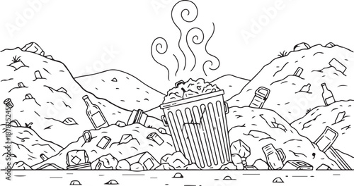 A detailed line art vector illustration of a sprawling landfill. It features massive mounds of trash, discarded bottles, and an overflowing, steaming garbage bin in a desolate landscape.