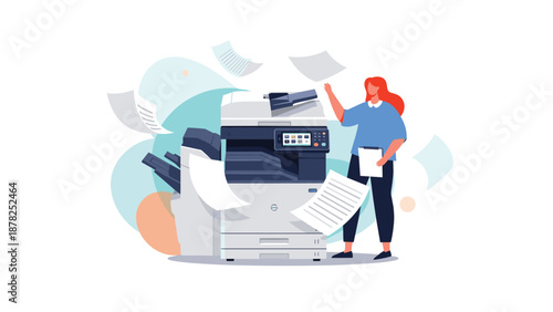 Office worker standing next to a large professional multi-function printer with white paper sheets floating in the background.