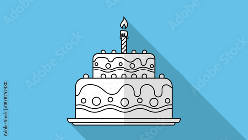 Two-tier white birthday cake with frosting decorations and a single lit candle on top set against a blue background with shadow.