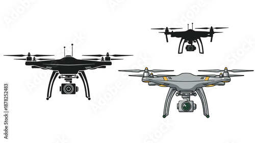 Modern camera drone shown from different perspectives including silhouettes and detailed color versions for aerial photography.