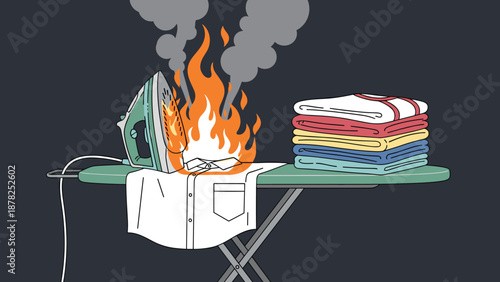 Electric iron catching fire while being used to iron a white shirt on a board causing a dangerous household accident.